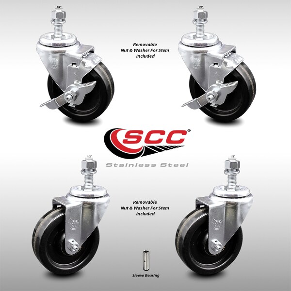 Service Caster 4 Inch SS Phenolic Wheel Swivel 1/2 Inch Threaded Stem Caster Brakes SCC, 2PK SCC-SSTS20S414-PHS-121315-2-TLB-2 - main